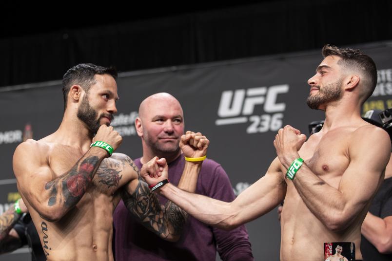 ATLANTA, GA - APRIL 12: Brandon Davis and Randy Costa face off during the UFC 236 weigh-in at State Farm Arena on April 12, 2019 in Atlanta, Georgia. (Photo by Carmen Mandato/Zuffa LLC via Getty Images)