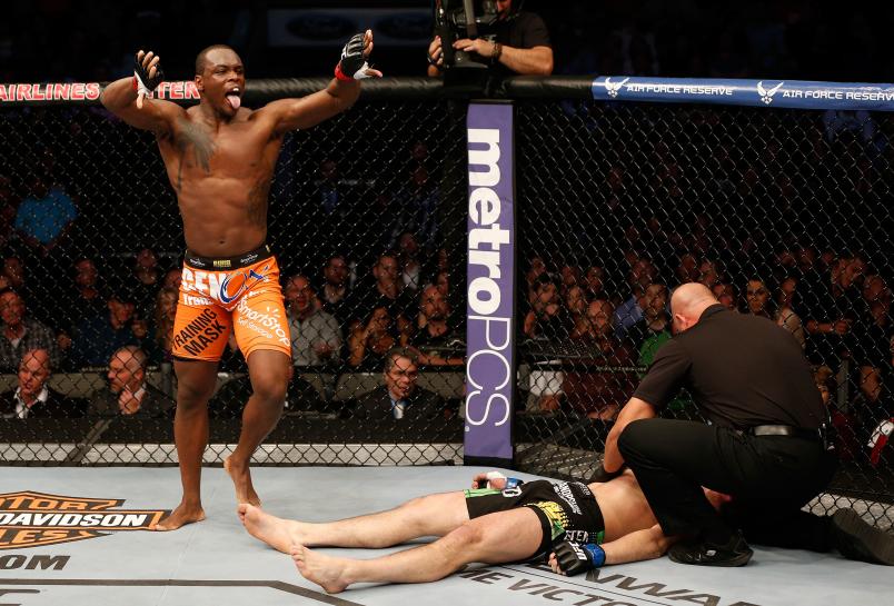 DALLAS, TX - MARCH 15: Ovince Saint Preux reacts after his submission victory over Nikita Krylov in their light heavyweight bout at UFC 171 inside American Airlines Center on March 15, 2014 in Dallas, Texas. (Photo by Josh Hedges/Zuffa LLC/Zuffa LLC via Getty Images)