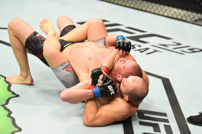 WINNIPEG, CANADA - DECEMBER 16: (R-L) Glover Teixeira of Brazil attempts to submit Misha Cirkunov of Latvia in their light heavyweight bout during the UFC Fight Night event at Bell MTS Place on December 16, 2017 in Winnipeg, Manitoba, Canada. (Photo by Josh Hedges/Zuffa LLC/Zuffa LLC via Getty Images)