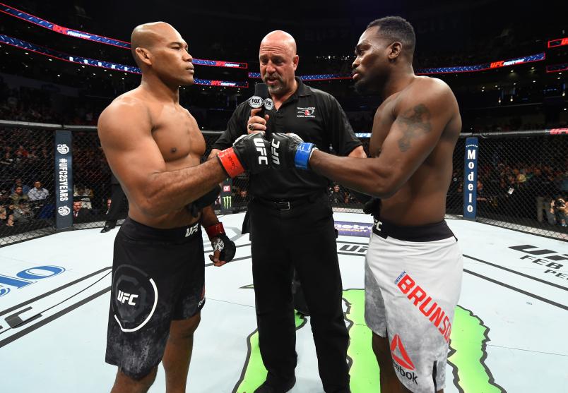 CHARLOTTE, NC - JANUARY 27: (L-R) Ronaldo Souza of Brazil and Derek Brunson face off in their middleweight bout during a UFC Fight Night event at Spectrum Center on January 27, 2018 in Charlotte, North Carolina. (Photo by Josh Hedges/Zuffa LLC/Zuffa LLC via Getty Images)