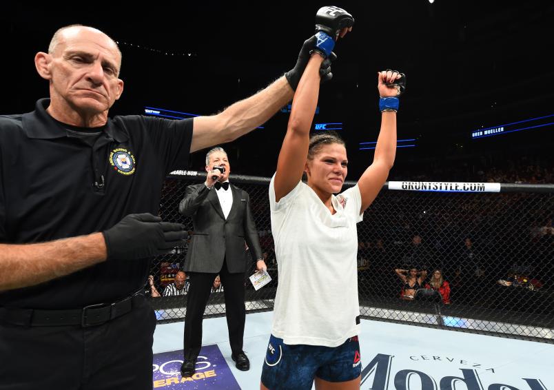 GLENDALE, AZ - APRIL 14: Lauren Mueller celebrates her victory over Shana Dobson in their women's flyweight fight during the UFC Fight Night event at the Gila Rivera Arena on April 14, 2018 in Glendale, Arizona. (Photo by Josh Hedges/Zuffa LLC/Zuffa LLC via Getty Images)