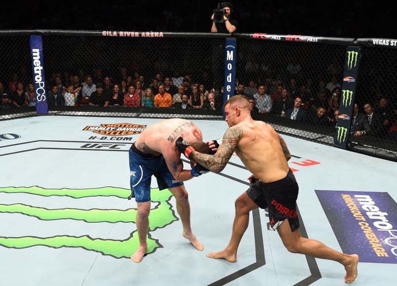 GLENDALE, AZ - APRIL 14: (R-L) Dustin Poirier punches Justin Gaethje in their lightweight fight during the UFC Fight Night event at the Gila Rivera Arena on April 14, 2018 in Glendale, Arizona. (Photo by Josh Hedges/Zuffa LLC/Zuffa LLC via Getty Images)