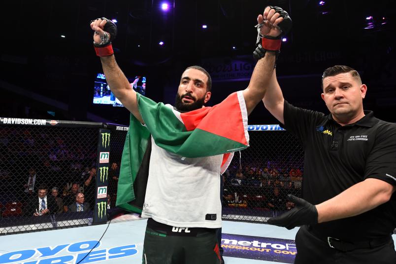 UTICA, NY - JUNE 01: Belal Muhammad celebrates after defeating Chance Rencountre in their welterweight fight during the UFC Fight Night event at the Adirondack Bank Center on June 1, 2018 in Utica, New York. (Photo by Josh Hedges/Zuffa LLC/Zuffa LLC via Getty Images)