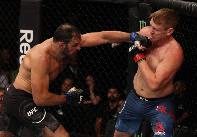 SAO PAULO, BRAZIL - SEPTEMBER 22: (L-R) Antonio Rogerio Nogueira of Brazil punches Sam Alvey in their light heavyweight bout during the UFC Fight Night event at Ibirapuera Gymnasium on September 22, 2018 in Sao Paulo, Brazil. (Photo by Buda Mendes/Zuffa LLC/Zuffa LLC via Getty Images)