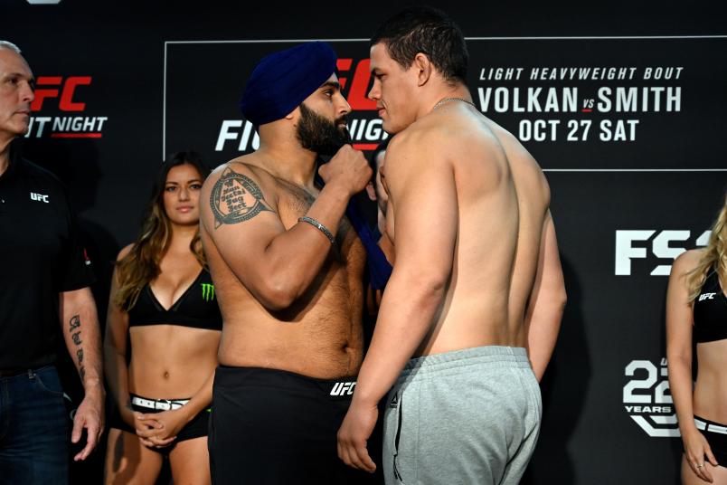 MONCTON, NB - OCTOBER 26: (L-R) Opponents Arjan Singh Bhullar of Canada and Marcelo Golm of Brazil face off during the UFC Fight Night weigh-in at Delta Hotels by Marriott Beausejour on October 26, 2018 in Moncton, New Brunswick, Canada. (Photo by Jeff Bottari/Zuffa LLC/Zuffa LLC via Getty Images)