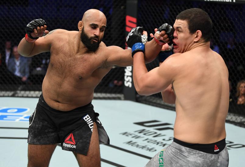 MONCTON, NB - OCTOBER 27: (L-R) Arjan Singh Bhullar of Canada punches Marcelo Golm of Brazil in their heavyweight bout during the UFC Fight Night event inside Avenir Centre on October 27, 2018 in Moncton, New Brunswick, Canada. (Photo by Jeff Bottari/Zuffa LLC/Zuffa LLC via Getty Images)