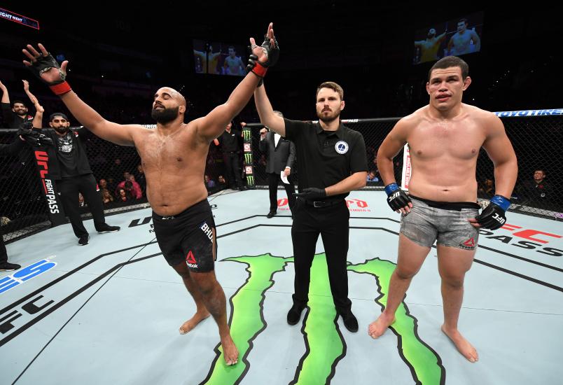 MONCTON, NB - OCTOBER 27: Arjan Singh Bhullar of Canada reacts after his decision victory over Marcelo Golm of Brazil in their heavyweight bout during the UFC Fight Night event inside Avenir Centre on October 27, 2018 in Moncton, New Brunswick, Canada. (Photo by Jeff Bottari/Zuffa LLC/Zuffa LLC via Getty Images)