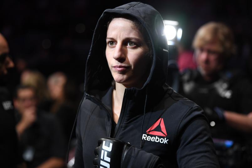 MONCTON, NB - OCTOBER 27: Sarah Moras of Canada prepares to fight Talita Bernardo of Brazil in their women's bantamweight bout during the UFC Fight Night event inside Avenir Centre on October 27, 2018 in Moncton, New Brunswick, Canada. (Photo by Jeff Bottari/Zuffa LLC/Zuffa LLC via Getty Images)