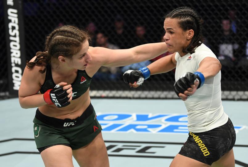 MONCTON, NB - OCTOBER 27: (L-R) Sarah Moras of Canada punches Talita Bernardo of Brazil in their women's bantamweight bout during the UFC Fight Night event inside Avenir Centre on October 27, 2018 in Moncton, New Brunswick, Canada. (Photo by Jeff Bottari/Zuffa LLC/Zuffa LLC via Getty Images)