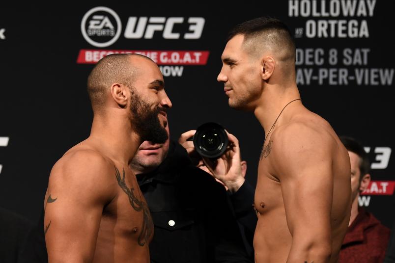 TORONTO, CANADA - DECEMBER 07: (L-R) Opponents Devin Clark and Aleksandar Rakic of Austria face-off during the UFC 231 weigh-in at Scotiabank Arena on December 7, 2018 in Toronto, Canada. (Photo by Josh Hedges/Zuffa LLC/Zuffa LLC via Getty Images)