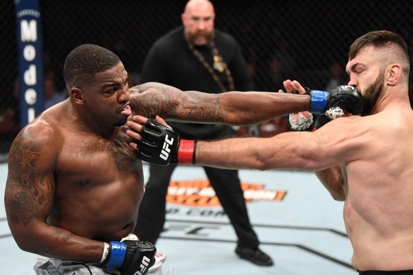 INGLEWOOD, CA - DECEMBER 29: (L-R) Walt Harris punches Andrei Arlovski of Belarus in their heavyweight bout during the UFC 232 event inside The Forum on December 29, 2018 in Inglewood, California. (Photo by Josh Hedges/Zuffa LLC/Zuffa LLC via Getty Images)