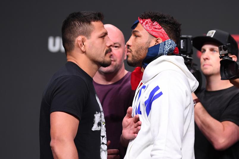 ATLANTA, GA - APRIL 12: (L-R) Rafael Dos Anjos of Brazil and Kevin Lee face off during the UFC Seasonal Press Conference inside State Farm Arena on April 12, 2019 in Atlanta, Georgia. (Photo by Josh Hedges/Zuffa LLC/Zuffa LLC via Getty Images)