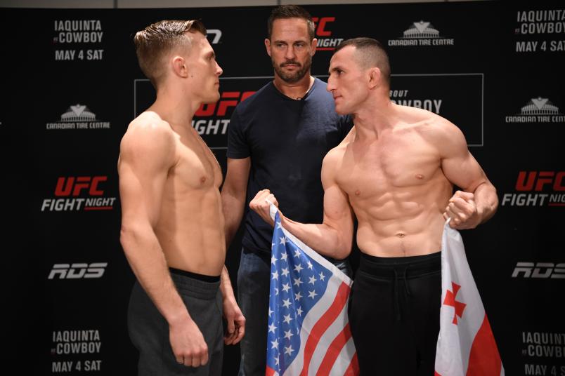 Brad Katona of Canada and Merab Dvalishvili of Georgia face off during the UFC Fight Night weigh-in at Andaz Ottawa Byward Market on May 3, 2019 in Ottawa, Ontario, Canada. (Photo by Jeff Bottari/Zuffa LLC/Zuffa LLC via Getty Images)