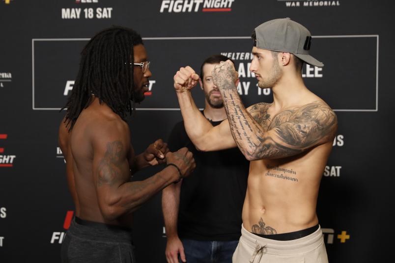 ROCHESTER, NY - MAY 17: (L-R) Desmond Green and Charles Jourdain of Canada face off during the UFC Fight Night weigh-in at Rochester Riverside Hotel on May 17, 2019 in Rochester, New York. (Photo by Michael Owens/Zuffa LLC/Zuffa LLC via Getty Images)