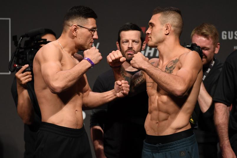 STOCKHOLM, SWEDEN - MAY 31: (L-R) Damir Hadzovic of Bosnia and Christos Giagos face off during the UFC Fight Night weigh-in at Ericsson Globe on May 31, 2019 in Stockholm, Sweden. (Photo by Jeff Bottari/Zuffa LLC/Zuffa LLC via Getty Images)
