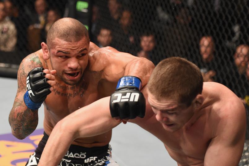 Thiago Alves (top) punches Jordan Mein in their welterweight bout during the UFC 183 event at the MGM Grand Garden Arena on January 31, 2015 in Las Vegas, Nevada. (Photo by Josh Hedges/Zuffa LLC)
