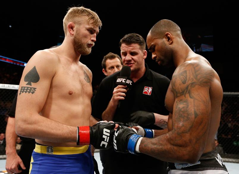 LONDON, ENGLAND - MARCH 08: (L-R) Opponents Alexander Gustafsson and Jimi Manuwa face off before their light heavyweight fight during the UFC Fight Night London event at the O2 Arena on March 8, 2014 in London, England. (Photo by Josh Hedges/Zuffa LLC/Zuffa LLC via Getty Images)