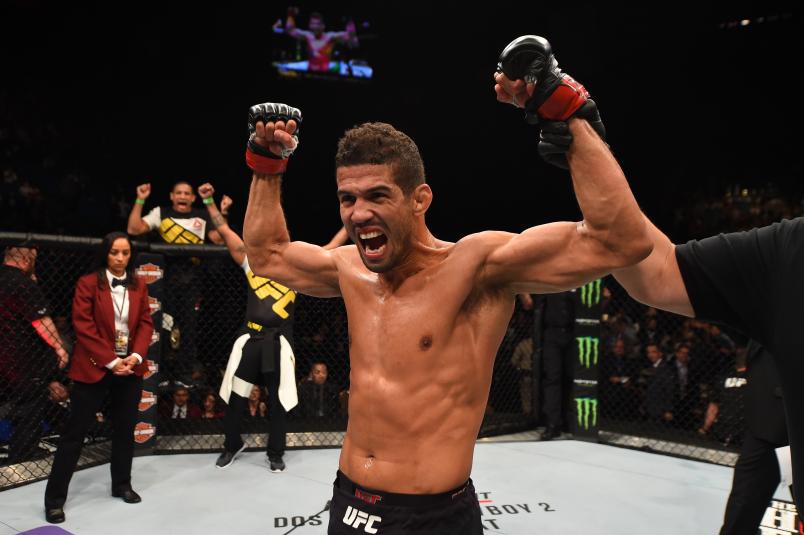LAS VEGAS, NV - DECEMBER 12: Leonardo Santos of Brazil reacts to his victory over Kevin Lee in their lightweight bout during the UFC 194 event inside MGM Grand Garden Arena on December 12, 2015 in Las Vegas, Nevada. (Photo by Josh Hedges/Zuffa LLC/Zuffa LLC via Getty Images)