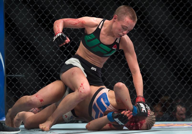 Rose Namajunas punches Paige VanZant in their women's strawweight bout during the UFC Fight Night event at The Chelsea at the Cosmopolitan of Las Vegas on December 10, 2015 in Las Vegas, Nevada. (Photo by Brandon Magnus/Zuffa LLC)