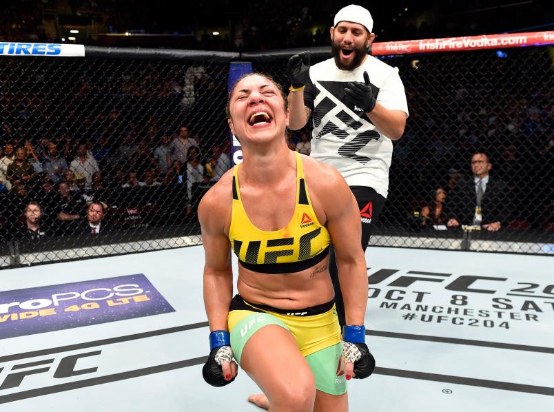 Bethe Correia of Brazil celebrates after defeating Jessica Eye in their women's bantamweight bout during the UFC 203 event at Quicken Loans Arena on September 10, 2016 in Cleveland, Ohio. (Photo by Josh Hedges/Zuffa LLC)