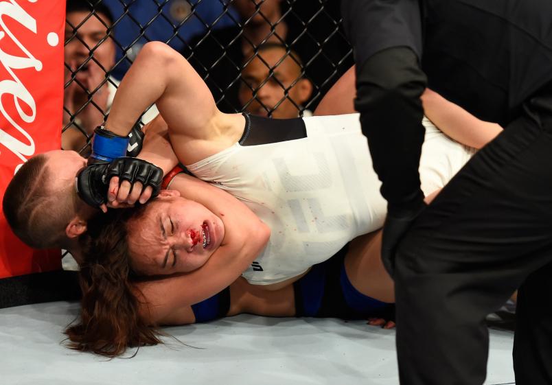 KANSAS CITY, MO - APRIL 15: (L-R) Rose Namajunas attempts to submit Michelle Waterson in their women's strawweight fight during the UFC Fight Night event at Sprint Center on April 15, 2017 in Kansas City, Missouri. (Photo by Josh Hedges/Zuffa LLC/Zuffa LLC via Getty Images)