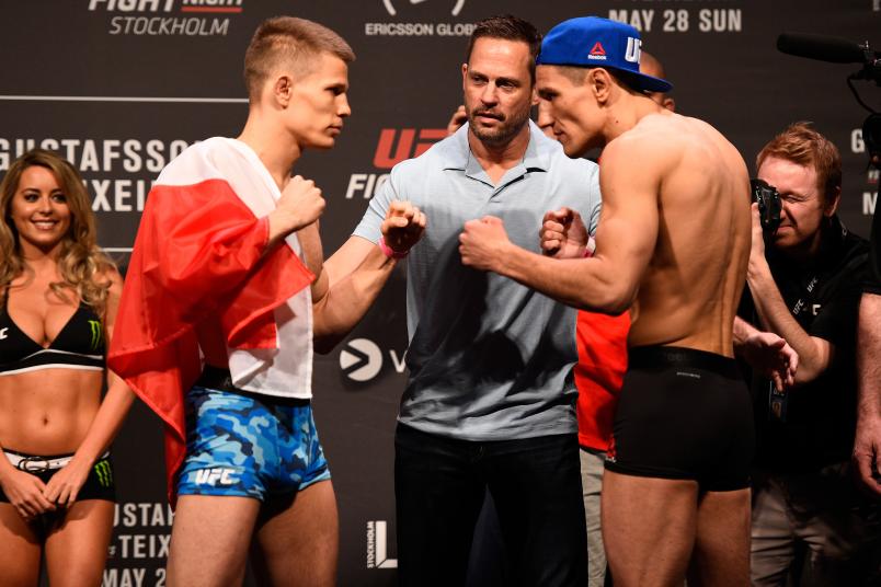 STOCKHOLM, SWEDEN - MAY 27: (L-R) Marcin Held of Poland and Damir Hadzovic of Bosnia face off during the UFC Fight Night weigh-in inside Ericsson Globe on May 27, 2017 in Stockholm, Sweden. (Photo by Jeff Bottari/Zuffa LLC/Zuffa LLC via Getty Images)