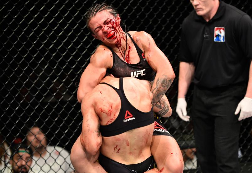 SAITAMA, JAPAN - SEPTEMBER 22: (R-L) Claudia Gadelha of Brazil attempts to submit Jessica Andrade of Brazil in their women's strawweight bout during the UFC Fight Night event inside the Saitama Super Arena on September 22, 2017 in Saitama, Japan. (Photo by Jeff Bottari/Zuffa LLC/Zuffa LLC via Getty Images)