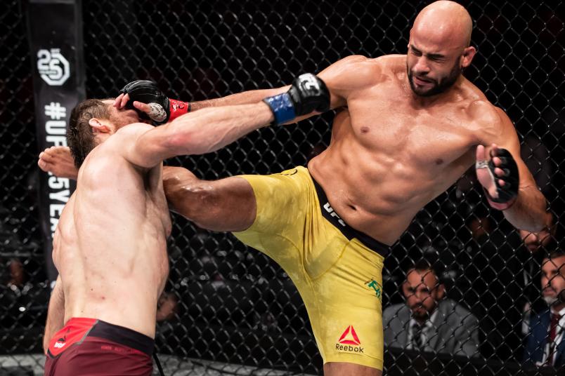RIO DE JANEIRO, BRAZIL - MAY 12: Warlley Alves ( R) of Brazil kicks Sultan Aliev of Russia in their welterweight bout during the UFC 224 event at Jeunesse Arena on May 12, 2018 in Rio de Janeiro, Brazil. (Photo by Buda Mendes/Zuffa LLC/Zuffa LLC)