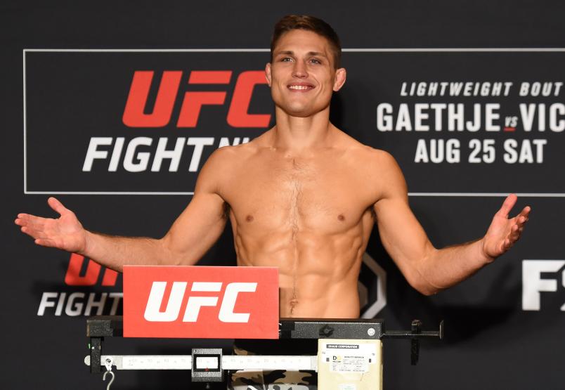 LINCOLN, NE - AUGUST 24: Drew Dober poses on the scale during the UFC weigh-in on August 24, 2018 in Lincoln, Nebraska. (Photo by Josh Hedges/Zuffa LLC/Zuffa LLC via Getty Images)