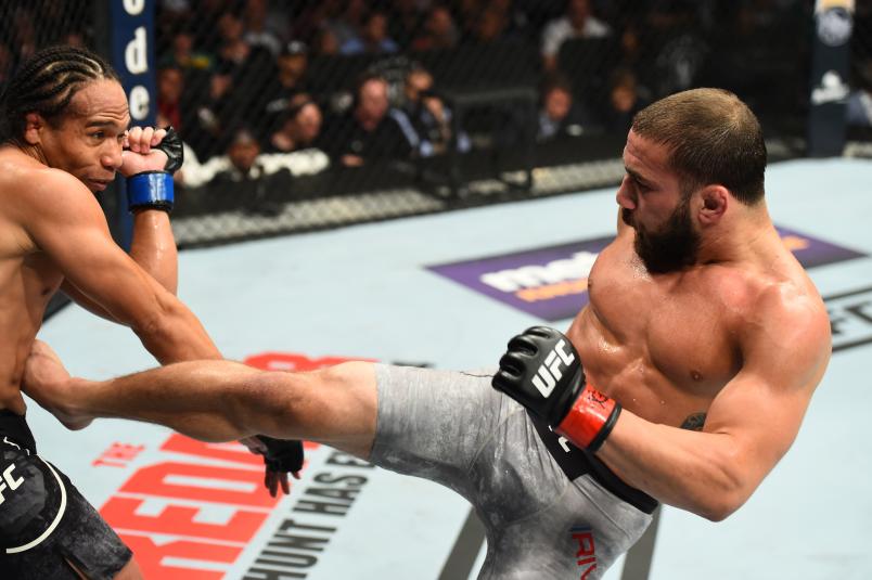 DALLAS, TX - SEPTEMBER 08: (R-L) Jimmie Rivera kicks John Dodson in their bantamweight fight during the UFC 228 event at American Airlines Center on September 8, 2018 in Dallas, Texas. (Photo by Josh Hedges/Zuffa LLC/Zuffa LLC via Getty Images)