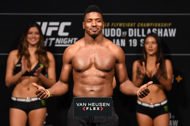 BROOKLYN, NEW YORK - JANUARY 18: Alonzo Menifield poses on the scale during the UFC Fight Night weigh-in at Barclays Center on January 18, 2019 in the Brooklyn borough of New York City. (Photo by Josh Hedges/Zuffa LLC/Zuffa LLC via Getty Images)