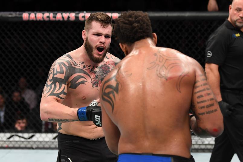 NEW YORK, NY - JANUARY 19: (L-R) Allen Crowder taunts Greg Hardy in their heavyweight bout during the UFC Fight Night event at the Barclays Center on January 19, 2019 in the Brooklyn borough of New York City. (Photo by Josh Hedges/Zuffa LLC/Zuffa LLC via Getty Images)