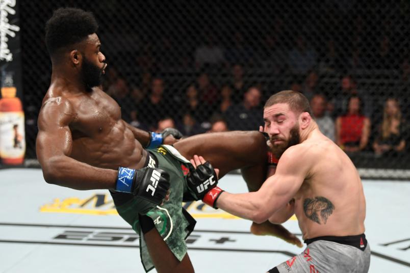 PHOENIX, ARIZONA - FEBRUARY 17: (L-R) Aljamain Sterling knees Jimmie Rivera in their bantamweight bout during the UFC Fight Night event at Talking Stick Resort Arena on February 17, 2019 in Phoenix, Arizona. (Photo by Josh Hedges/Zuffa LLC/Zuffa LLC via Getty Images)