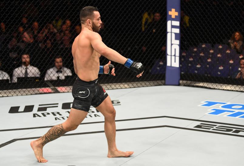 LONDON, ENGLAND - MARCH 16: Dan Ige celebrates after his submission victory over Danny Henry of Scotland in their featherweight bout during the UFC Fight Night event at The O2 Arena on March 16, 2019 in London, England. (Photo by Jeff Bottari/Zuffa LLC/Zuffa LLC via Getty Images)