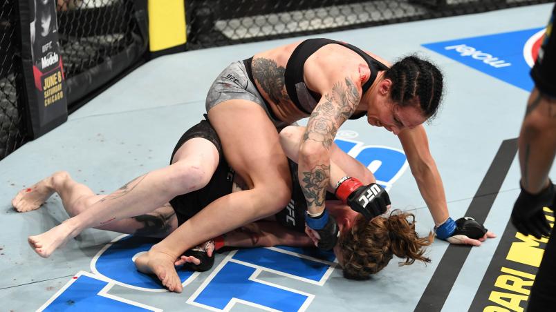 Lina Lansberg of Sweden (top) punches Tonya Evinger in their women's bantamweight bout during the UFC Fight Night event at Ericsson Globe on June 1, 2019 in Stockholm, Sweden. (Photo by Jeff Bottari/Zuffa LLC)