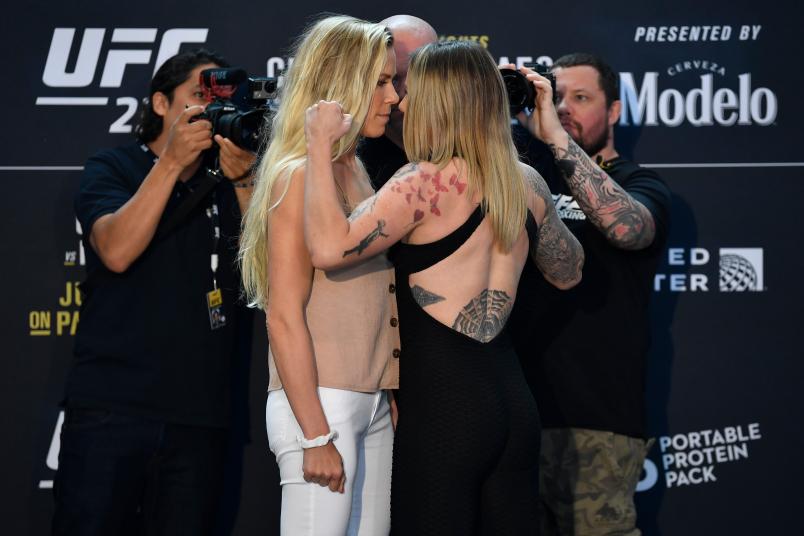 CHICAGO, IL - JUNE 06: (L-R) Katlyn Chookagian and Joanne Calderwood of Scotland face off for the media during the UFC 238 Ultimate Media Day at the United Center on June 6, 2019 in Chicago, Illinois. (Photo by Jeff Bottari/Zuffa LLC/Zuffa LLC via Getty Images)