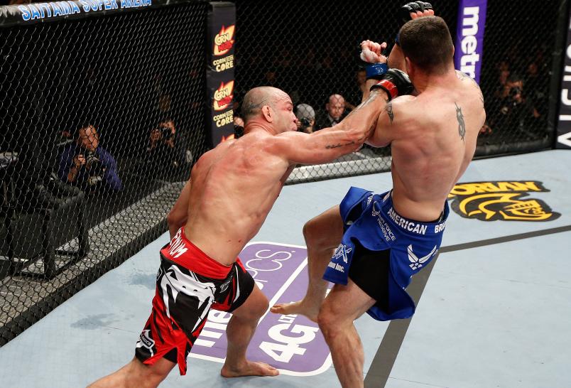 SAITAMA, JAPAN - MARCH 03: (L-R) Wanderlei Silva punches Brian Stann in their light heavyweight fight during the UFC on FUEL TV event at Saitama Super Arena on March 3, 2013 in Saitama, Japan. (Photo by Josh Hedges/Zuffa LLC/Zuffa LLC via Getty Images)