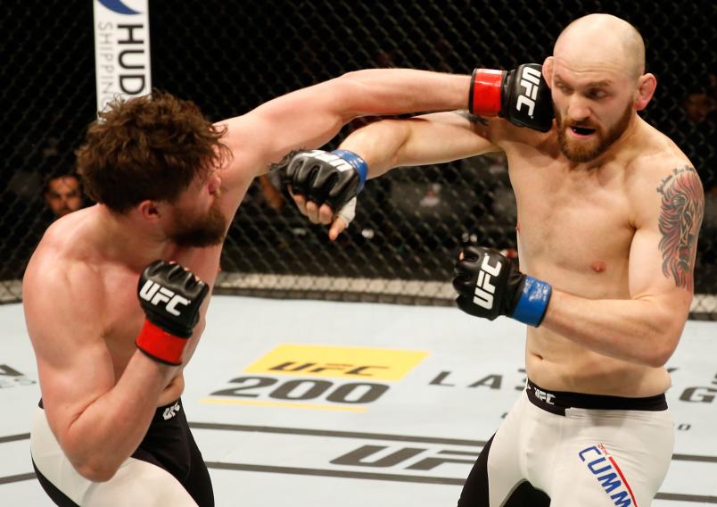 ZAGREB, CROATIA - APRIL 10: (L-R) Nicolas Dalby punches Zak Cummings in their welterweight bout during the UFC Fight Night event at the Arena Zagreb on April 10, 2016 in Zagreb, Croatia. (Photo by Srdjan Stevanovic/Zuffa LLC/Zuffa LLC via Getty Images)