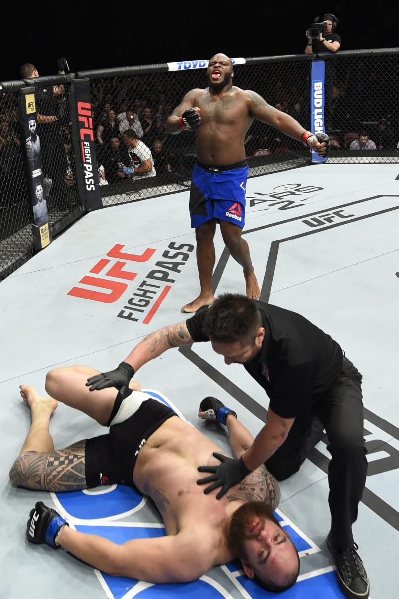 HALIFAX, NS - FEBRUARY 19: Derrick Lewis (top) celebrates after defeating Travis Browne in their heavyweight fight during the UFC Fight Night event inside the Scotiabank Centre on February 19, 2017 in Halifax, Nova Scotia, Canada. (Photo by Josh Hedges/Zuffa LLC/Zuffa LLC via Getty Images)