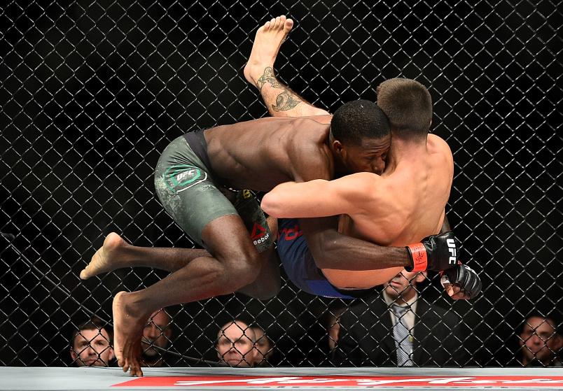 NEW YORK, NY - NOVEMBER 04: Randy Brown of Jamaica takes down Mickey Gall in their welterweight bout during the UFC 217 event at Madison Square Garden on November 4, 2017 in New York City. (Photo by Jeff Bottari/Zuffa LLC/Zuffa LLC via Getty Images)