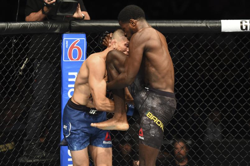 BOISE, ID - JULY 14: (R-L) Randy Brown of Jamaica knees Niko Price in their welterweight fight during the UFC Fight Night event inside CenturyLink Arena on July 14, 2018 in Boise, Idaho. (Photo by Josh Hedges/Zuffa LLC/Zuffa LLC via Getty Images)
