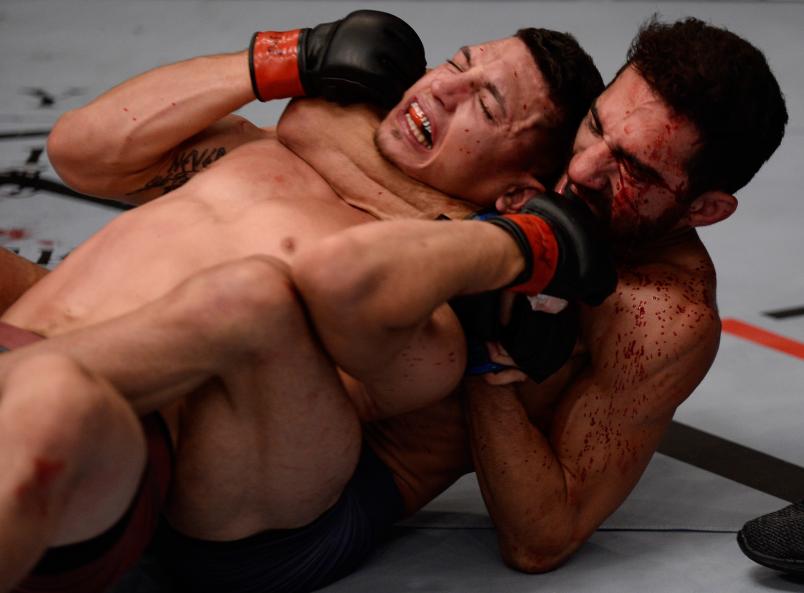 LAS VEGAS, NV - JULY 17: (R-L) Domingo Pilarte attempts to submit Vince Morales in their bantamweight fight during Dana White's Tuesday Night Contender Series at the TUF Gym on July 17, 2018 in Las Vegas, Nevada. (Photo by Chris Unger/DWTNCS LLC)