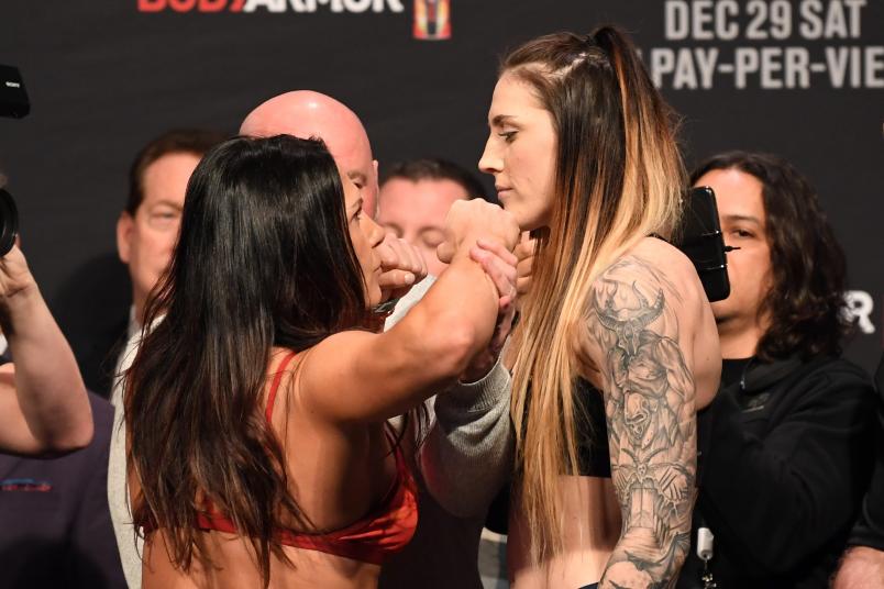 INGLEWOOD, CA - DECEMBER 28: (L-R) Opponents Cat Zingano and Megan Anderson of Australia face off during the UFC 232 weigh-in inside The Forum on December 28, 2018 in Inglewood, California. (Photo by Josh Hedges/Zuffa LLC/Zuffa LLC via Getty Images)