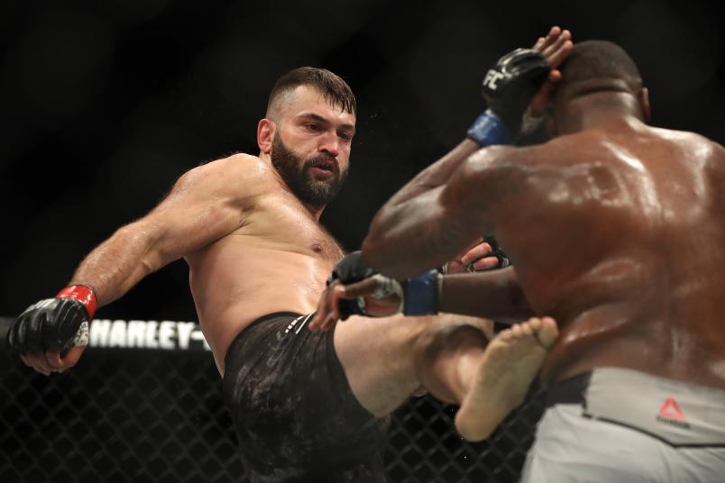 INGLEWOOD, CA - DECEMBER 29: (L-R) Andrei Arlovski of Belarus kicks Walt Harris in their heavyweight bout during the UFC 232 event inside The Forum on December 29, 2018 in Inglewood, California. (Photo by Christian Petersen/Zuffa LLC/Zuffa LLC via Getty Images)