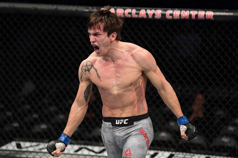 Chance Rencountre celebrates his submission victory over Kyle Stewart in their welterweight bout during the UFC Fight Night event at the Barclays Center on January 19, 2019 in the Brooklyn borough of New York City. (Photo by Josh Hedges/Zuffa LLC)