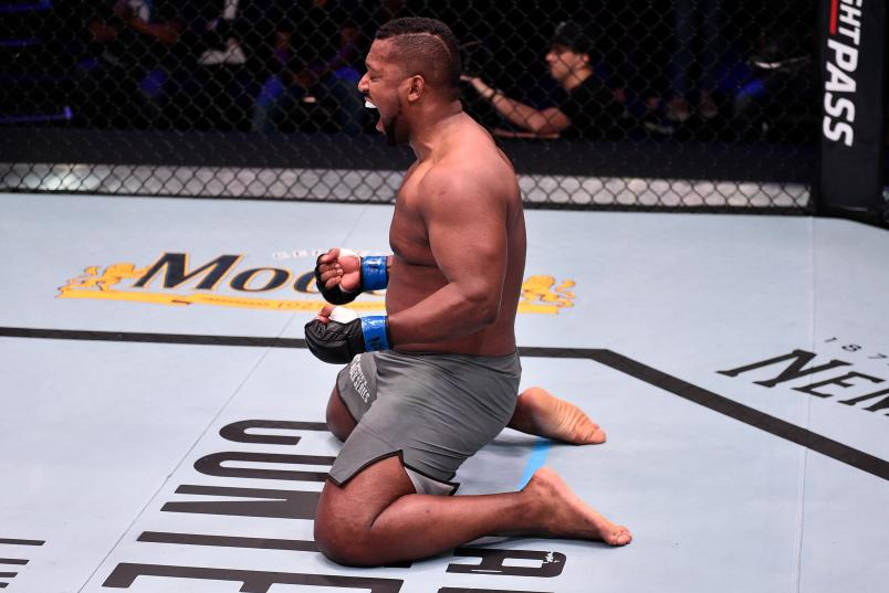 LAS VEGAS, NV - JUNE 18: Yorgan De Castro celebrates after his TKO victory over Alton Meeks in their heavyweight bout during Dana White's Contender Series at the UFC Apex on June 18, 2019 in Las Vegas, Nevada. (Photo by Chris Unger/DWCS LLC)