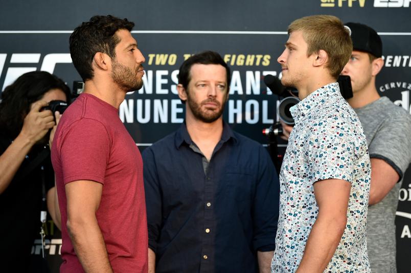 LAS VEGAS, NEVADA - JULY 04: (L-R) Gilbert Melendez and Arnold Allen of England face off during the UFC 239 Ultimate Media Day at T-Mobile Arena on July 4, 2019 in Las Vegas, Nevada. (Photo by Chris Unger/Zuffa LLC/Zuffa LLC via Getty Images)