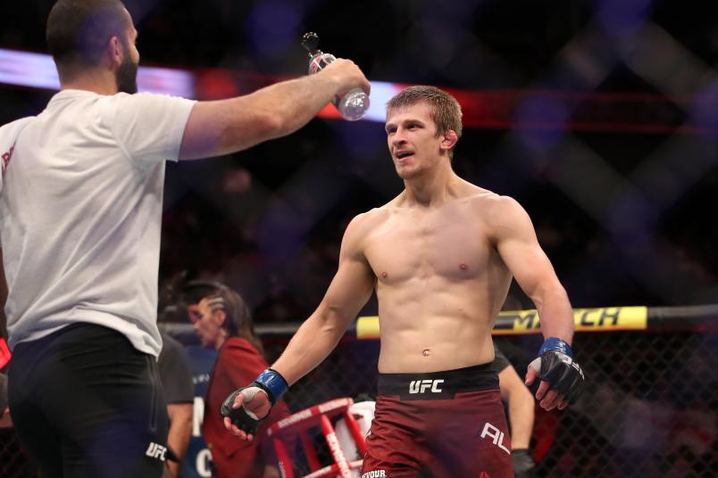 LAS VEGAS, NV - JULY 06: Arnold Allen of England celebrates his win over Gilbert Melendez in their featherweight fight during the UFC 239 event at T-Mobile Arena on July 6, 2019 in Las Vegas, Nevada. (Photo by Christian Petersen/Zuffa LLC/Zuffa LLC)