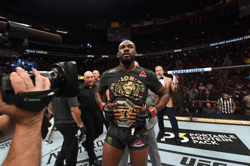 LAS VEGAS, NV - JULY 06: Jon Jones looks on following his win iver Thiago Santos of Brazil in their UFC light heavyweight championship fight during the UFC 239 event at T-Mobile Arena on July 6, 2019 in Las Vegas, Nevada. (Photo by Josh Hedges/Zuffa LLC/Zuffa LLC)