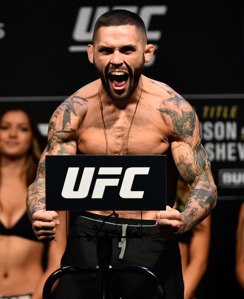 EDMONTON, AB - SEPTEMBER 08: Gavin Tucker of Canada poses on the scale during the UFC 215 weigh-in inside the Rogers Place on September 8, 2017 in Edmonton, Alberta, Canada. (Photo by Jeff Bottari/Zuffa LLC/Zuffa LLC via Getty Images)